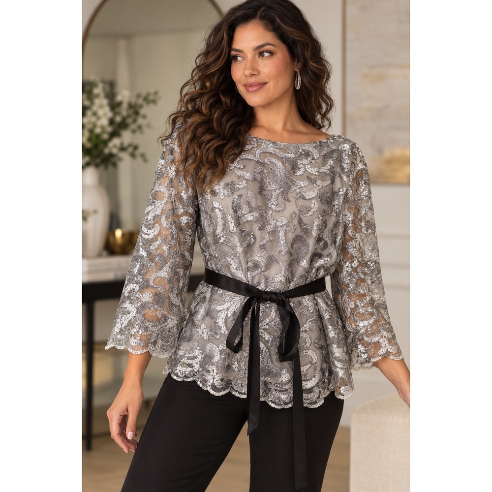 Alex Evenings 1X Silver Lace Sequin Blouse Belted Evening Top Glam Party Formal